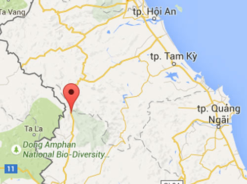 Đèo Lò Xo (dấu đỏ) nằm giữa tỉnh Quảng Nam và Kon Tum.